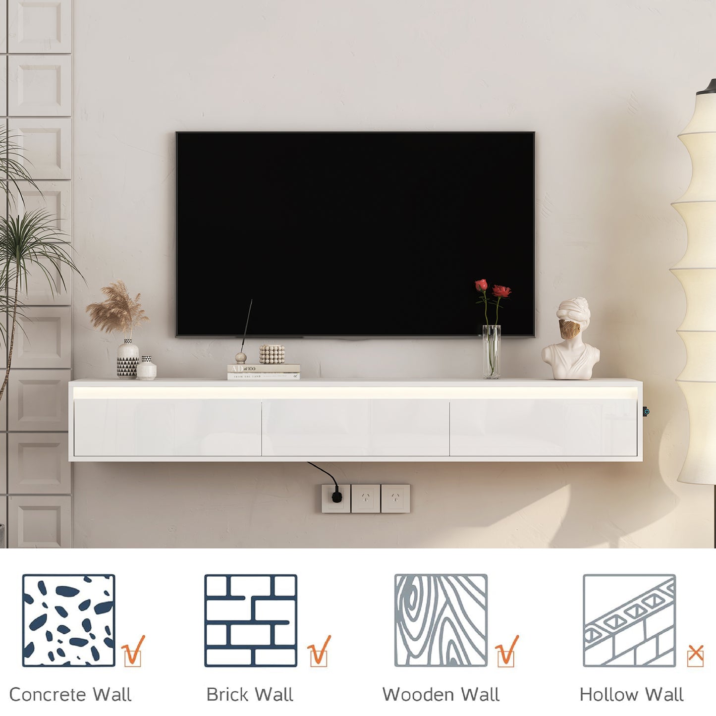 Floating TV Stand, Wall Mounted TV Shelf With Led Lights & Power Outlet, Cabinet For Tv Stands For Living Room