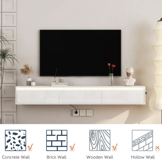 Floating TV Stand, Wall Mounted TV Shelf With Led Lights & Power Outlet, Cabinet For Tv Stands For Living Room