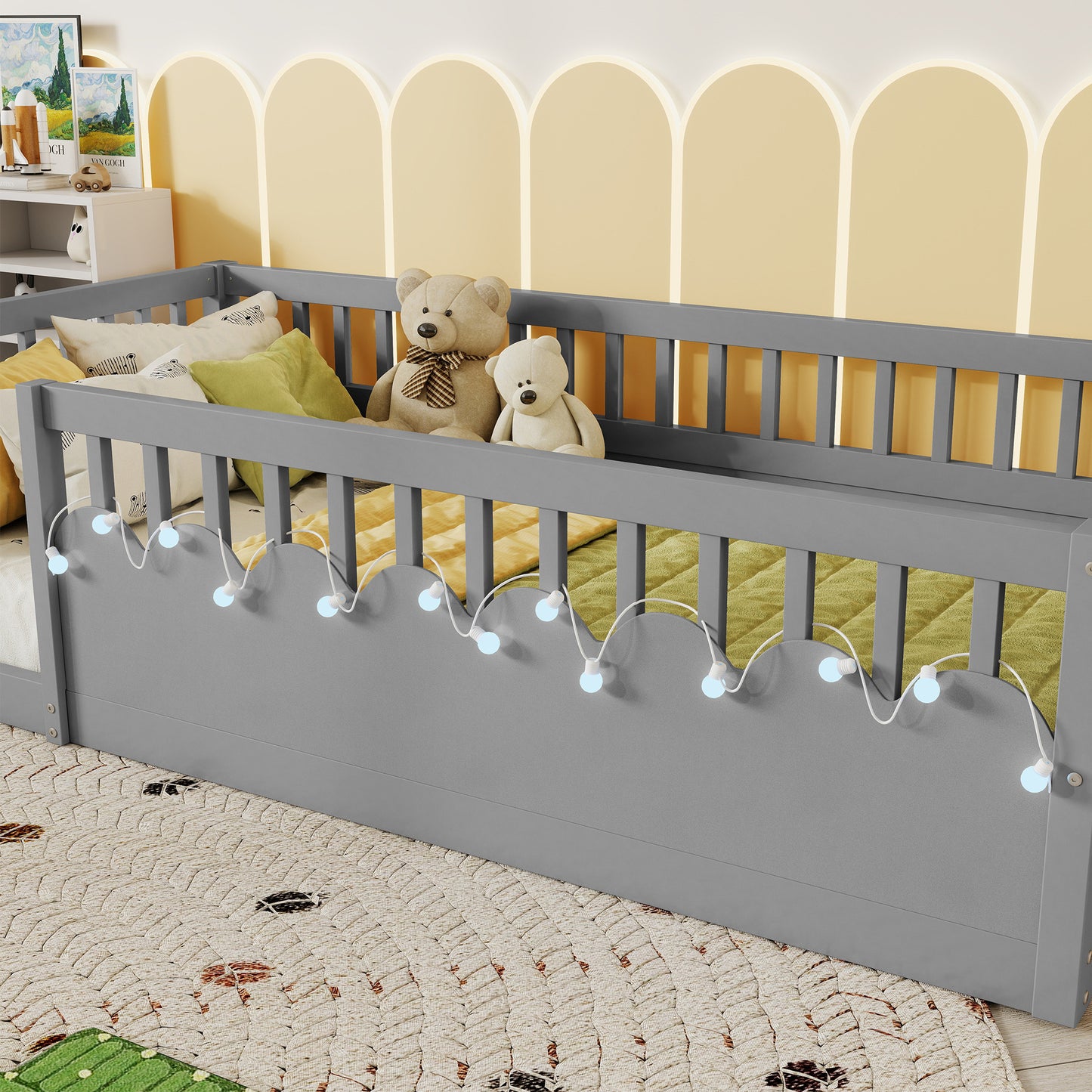 Twin Montessori Floor Bed Frame With High Rails, Wood Kids Floor Beds With Light And Storage Shelf, Gray Expect Arrival Date 2025 8 15