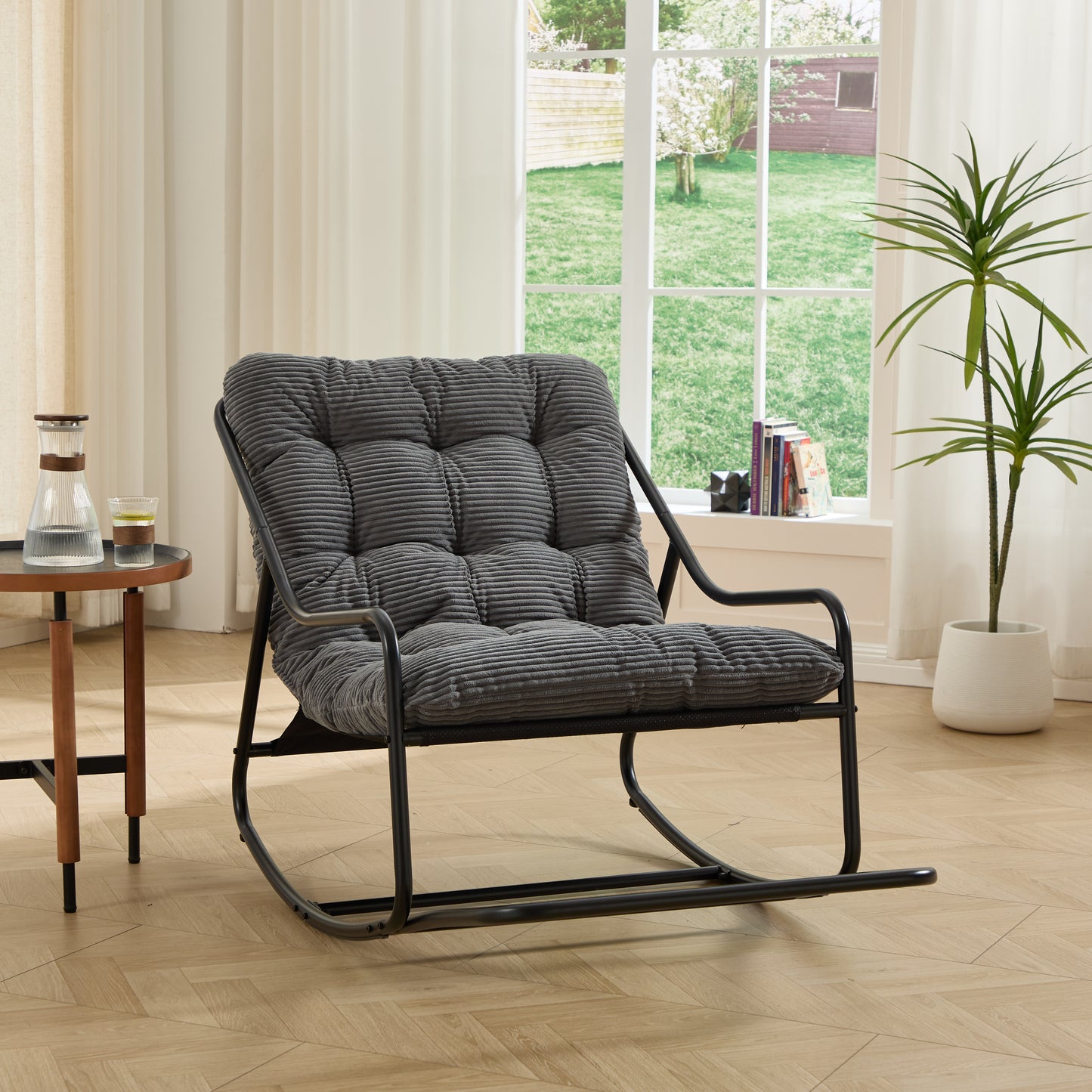 Outdoor Rocking Chair, Comfy Cushion, With Soft Thick Cushion,for Living Room, Bedroom, Reading Room, Black Frame With Grey Cushion