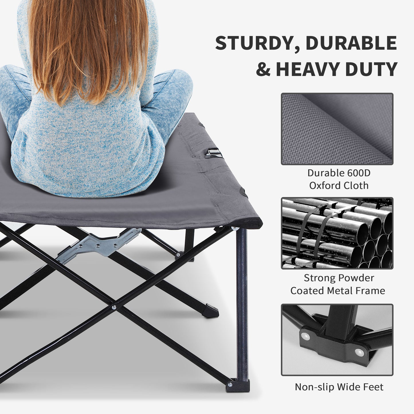 2 Person Folding Camping Cot For Adults, 50" Extra Wide Outdoor Portable Sleeping Cot With Carry Bag, Elevated Camping Bed, Beach Hiking, Grey