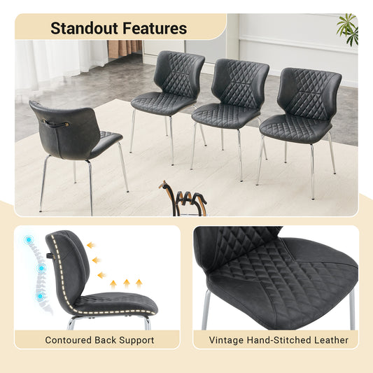 Dark Gray Brown Oil Waxed Leather Dining Chairs With Electroplated Metal Legs, Adjustable Non-Slip Foot Pads, Diamond-Tufted High Back Upholstered Dining Room Chairs  Dark Gray, Set Of 2