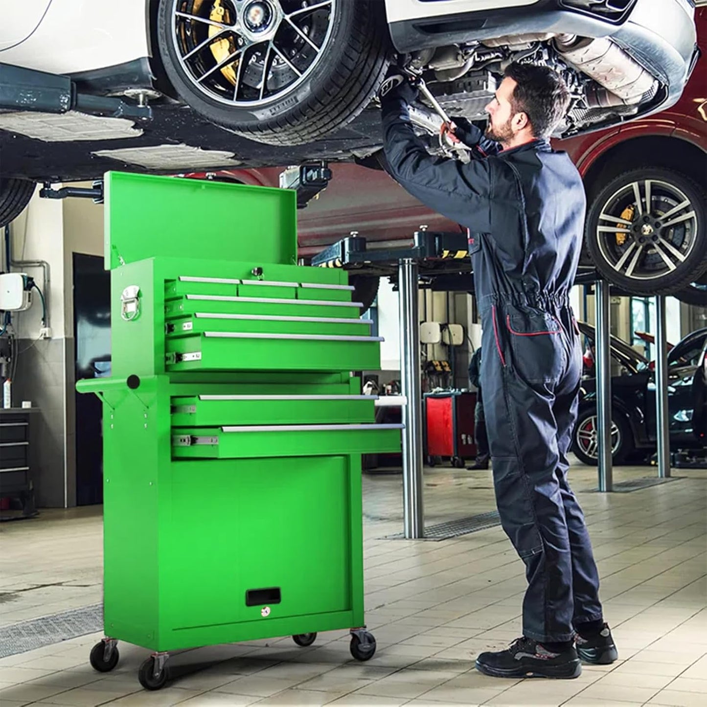 8-Drawer Rolling Tool Chest - 2-in-1 Lockable Tool Box With Wheels, Sliding Drawers & Detachable Top - Garage & Workshop Storage Cabinet, Green