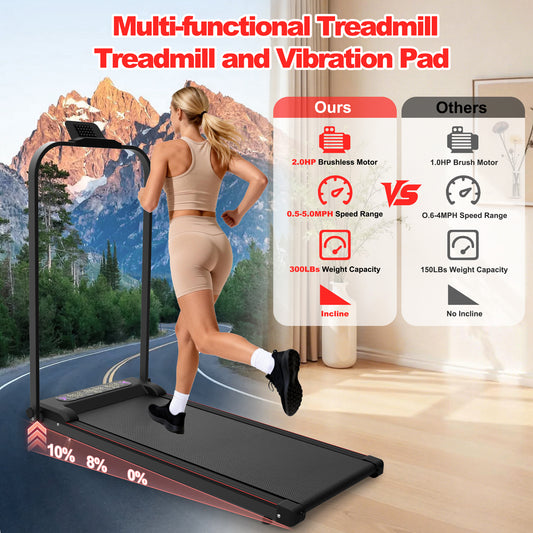 Foldable Treadmill With Handle Bar & Incline, 2 In 1 Upgrade Portable Under Desk Walking Pad And Vibration Pad With Remote Control For Home Office Small Spaces