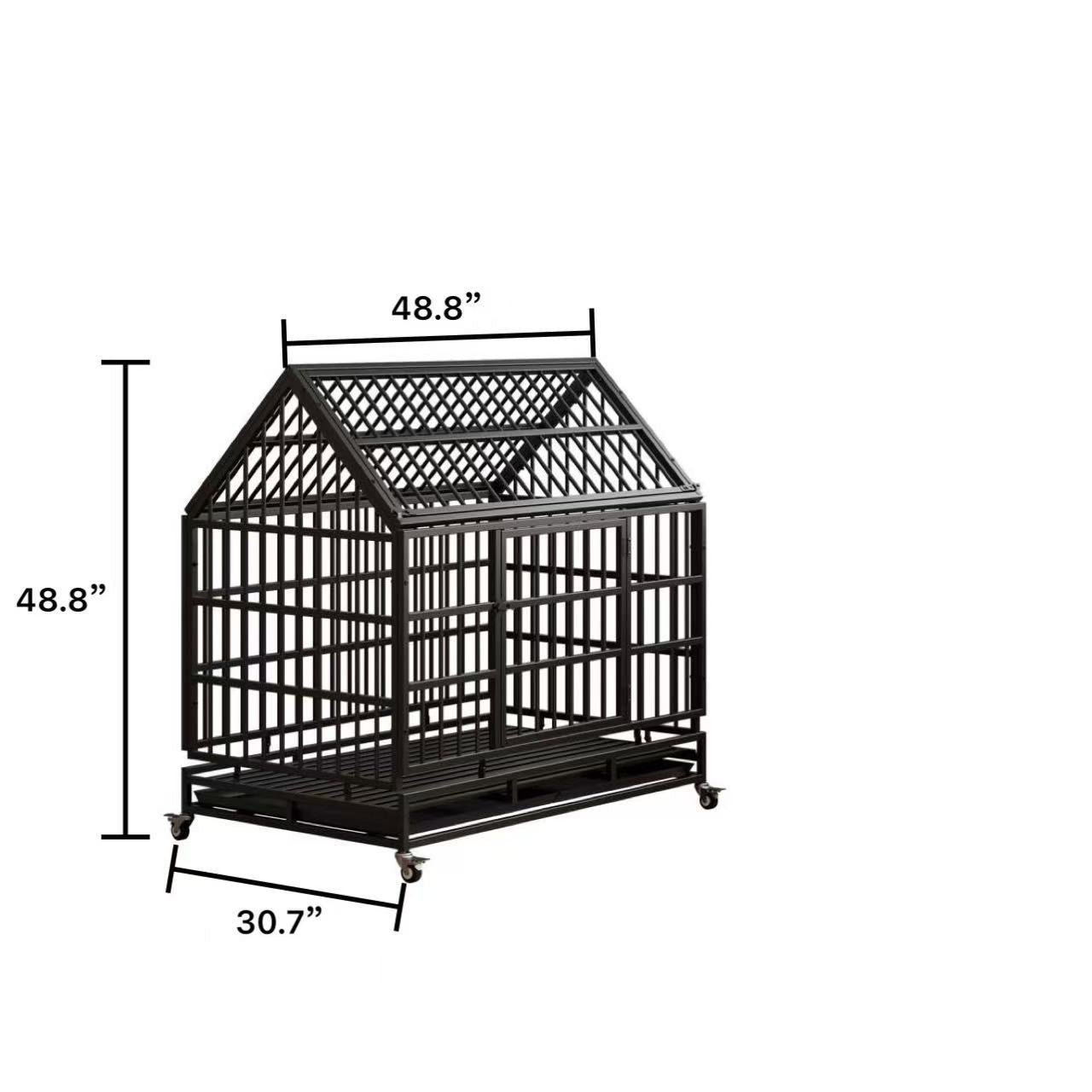 48 Inch Heavy Duty Dog Crate With Wheels, Folding Metal Big Dog Cage For Large And Medium Dogs, Cage With A Pointed Roof And Removable Tray.