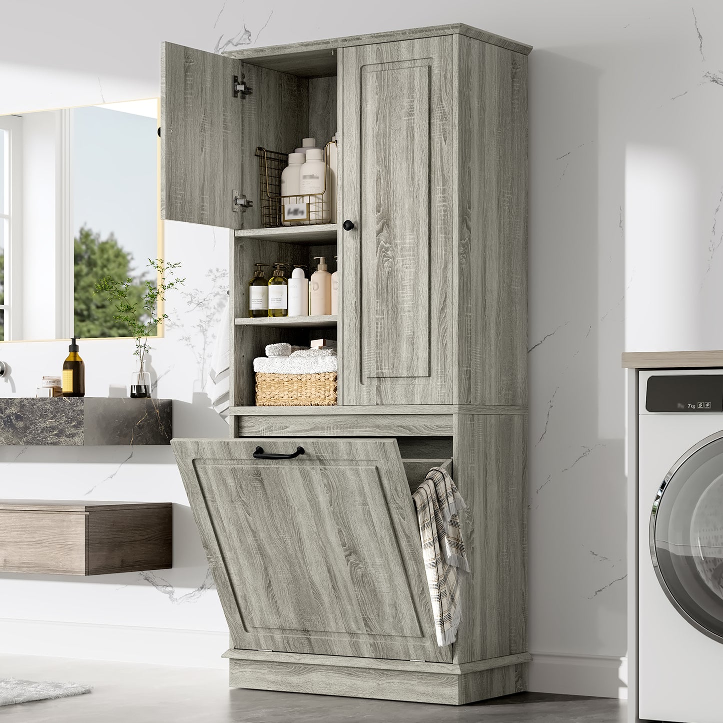 Tall Storage Cabinet With Adjustable Shelves, Large Flip-Out Basket & Enclosed Cabinets  Perfect For Bathroom, Living Room, Or Office, MDF Material With Aluminum Alloy Handles