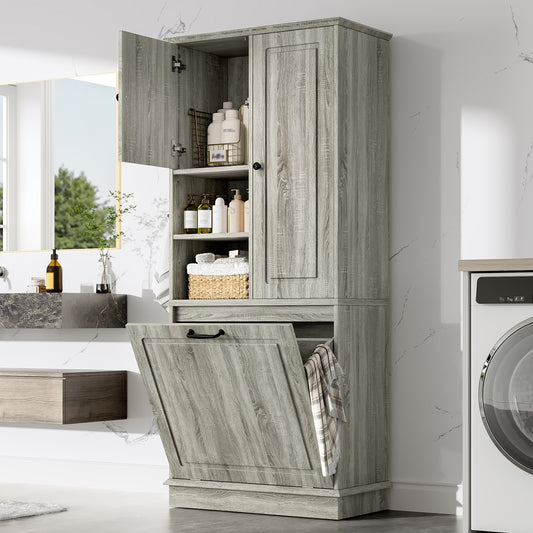 Tall Storage Cabinet With Adjustable Shelves, Large Flip-Out Basket & Enclosed Cabinets  Perfect For Bathroom, Living Room, Or Office, MDF Material With Aluminum Alloy Handles