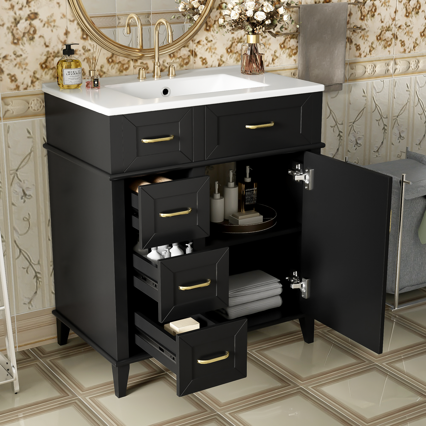 30-Inch Bathroom Vanity With Ceramic Sink, Adjustable Shelf, Soft Close Door, And Three Soft Close Drawers