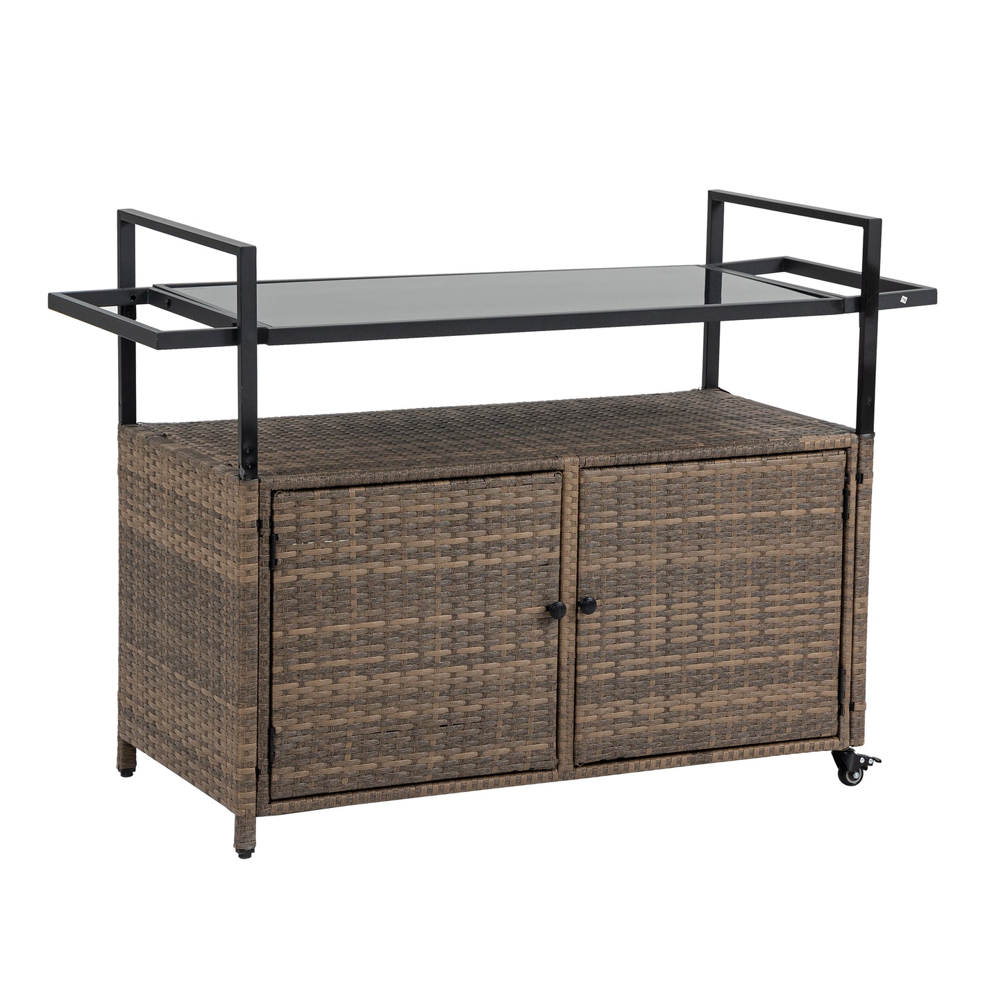 Outdoor Wicker Bar Cart, Patio Wine Serving Cart W Wheels , Rolling Rattan Beverage Bar Counter Table W Glass Top For Porch Backyard Garden Poolside Party, Light Brown