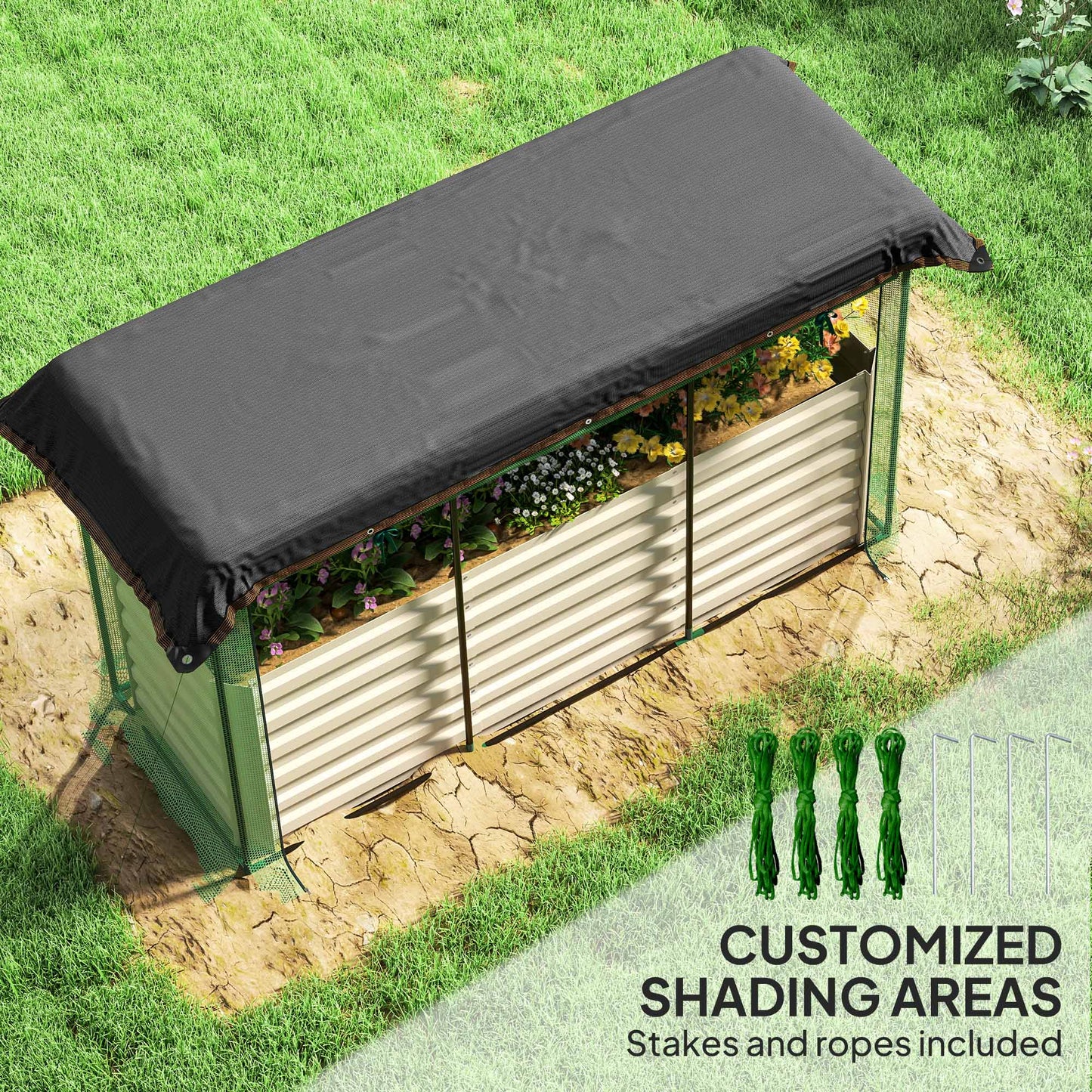 Galvanized Steel Planter Box With Crop Cage And Shade Cloth, Raised Garden Bed For Flowers, Veggies And Herbs, Beige