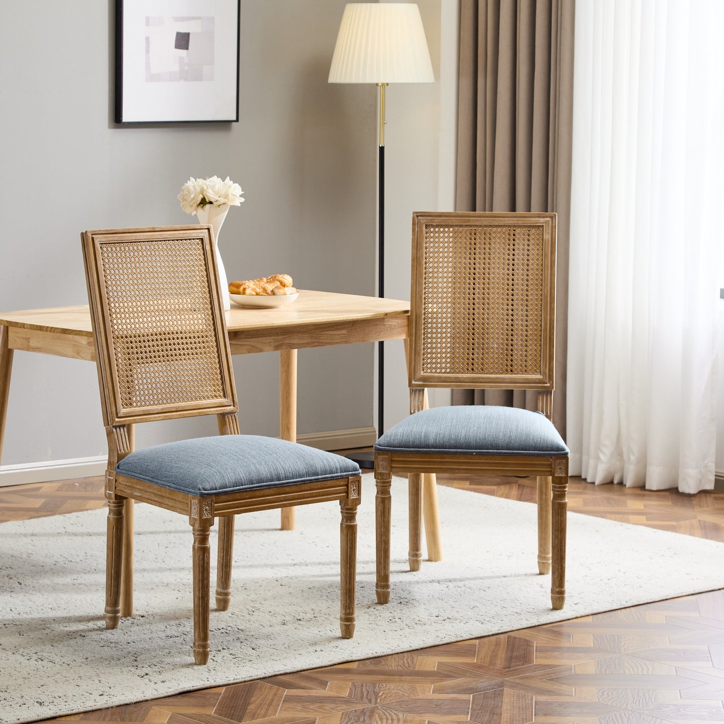 French Country Dining Chairs - Elegant Cane Backrest & Upholstered Seats With Fluted Legs - Rustic Weathered Finish - Solid Rubberwood Frame - Vintage Inspired Kitchen & Dining Room Chairs
