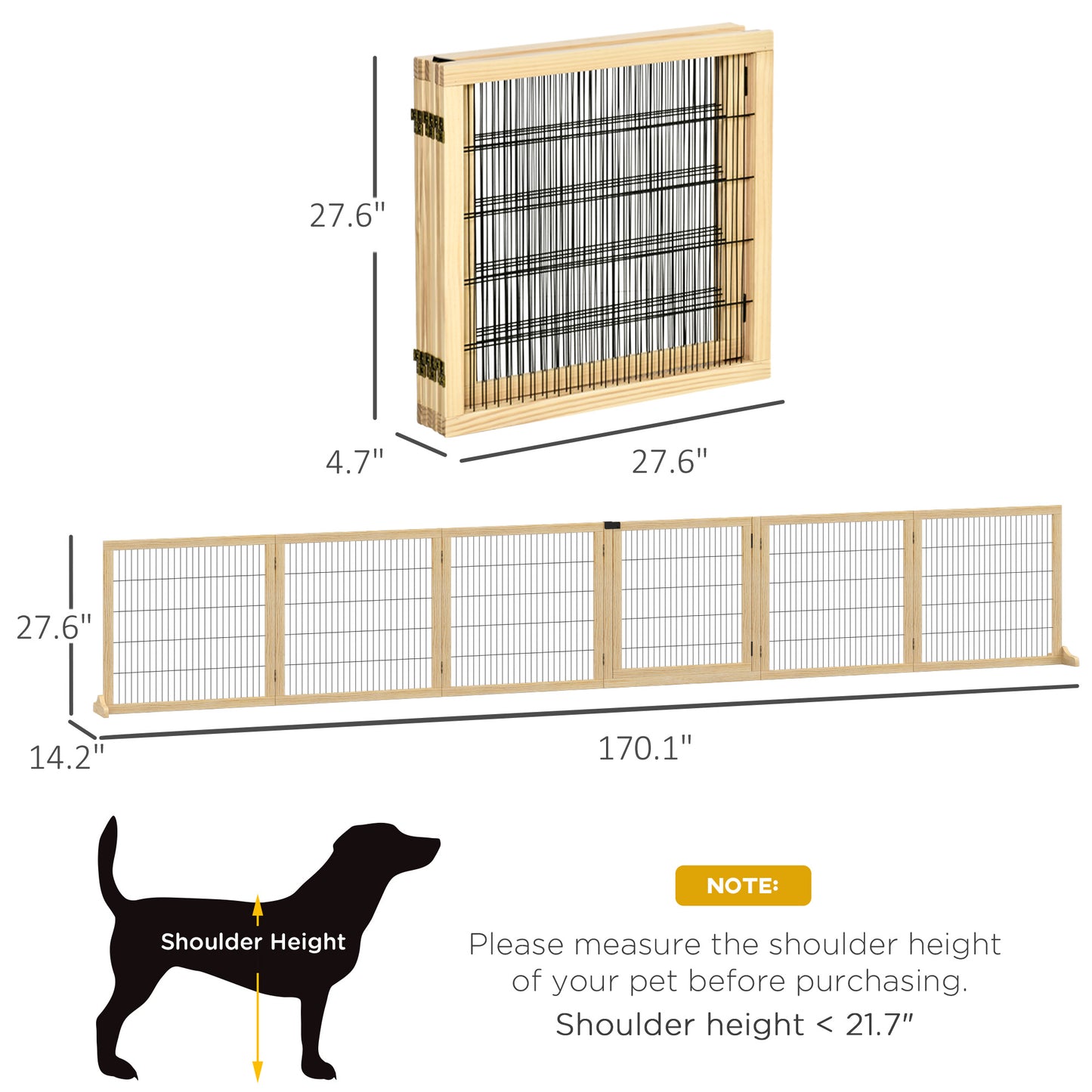 Wooden Pet Gate, 6-Panel Folding Dog Safety Barrier With Support Feet For Small & Medium Dogs, Natural Wood