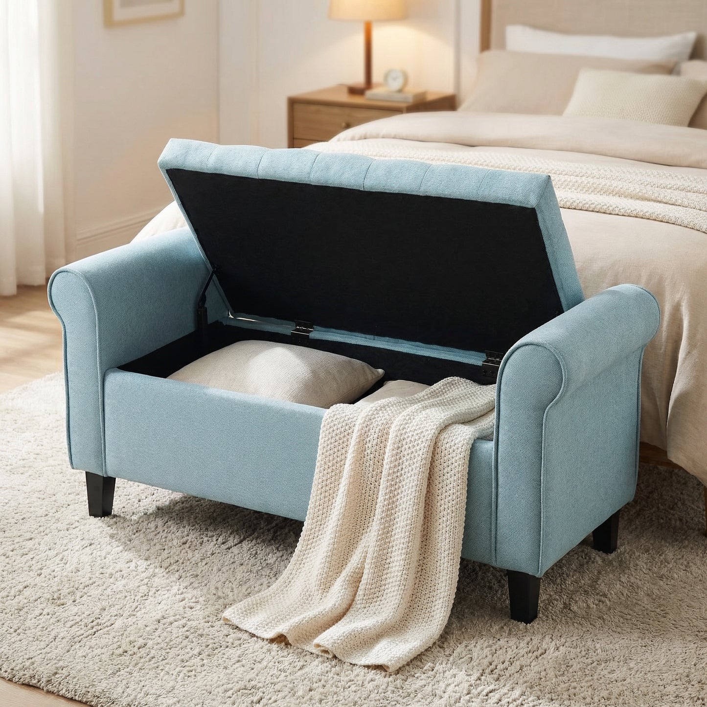 Light Blue Fabric Storage Bench With Rolled Arms, 38  Seat Width,  Black Legs, Button Fabric Design, Living Room Bedroom Entryway Furniture