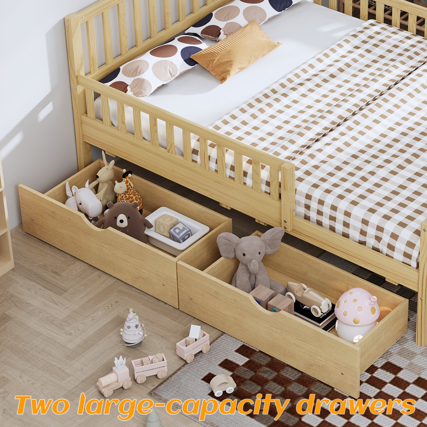 Full Size Wood Platform Bed With Guardrails On Both Sides And Two Storage Drawers ,Natural