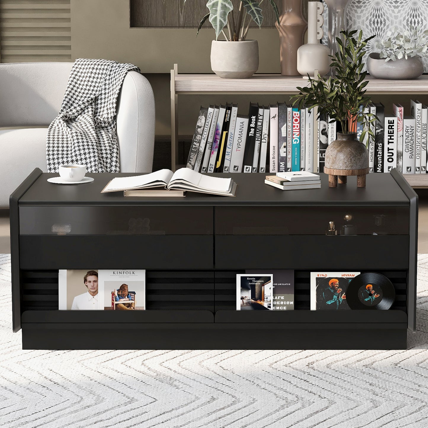 U-Can Modern Rectangle Coffee Table With 4 Drawers And 2 Display Shelves, 47.2  Wood Coffee Table With Fluted Style, Tempered Glass For Living Room