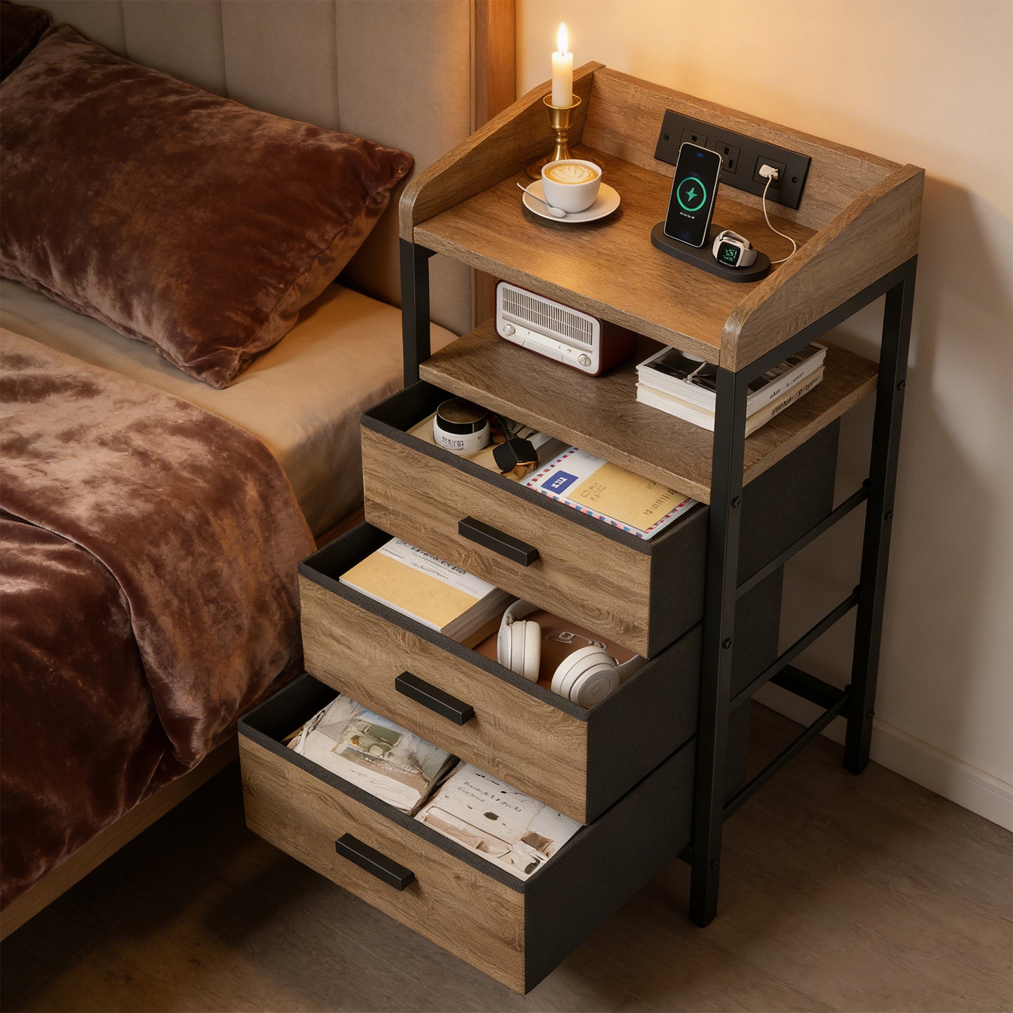 2 Pack Night Stand With Charging Station And Light Bedside End Table With 3 Fabric Drawers 2 USB Ports And Outlets For Bedroom