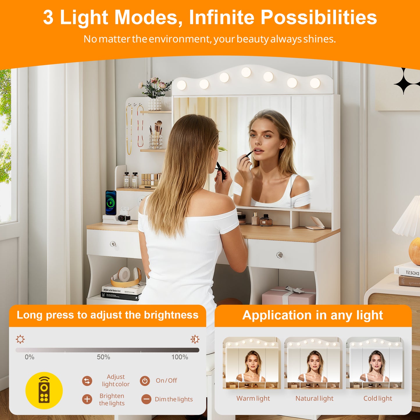 Vanity Desk With Mirror And Lights,Makeup Vanity With  2 USB Power Strip, Vanity Set With Three Drawers And Two Cabinet, 7 Lights With 3 Lights Colors, Foldable Three-sided Mirror White
