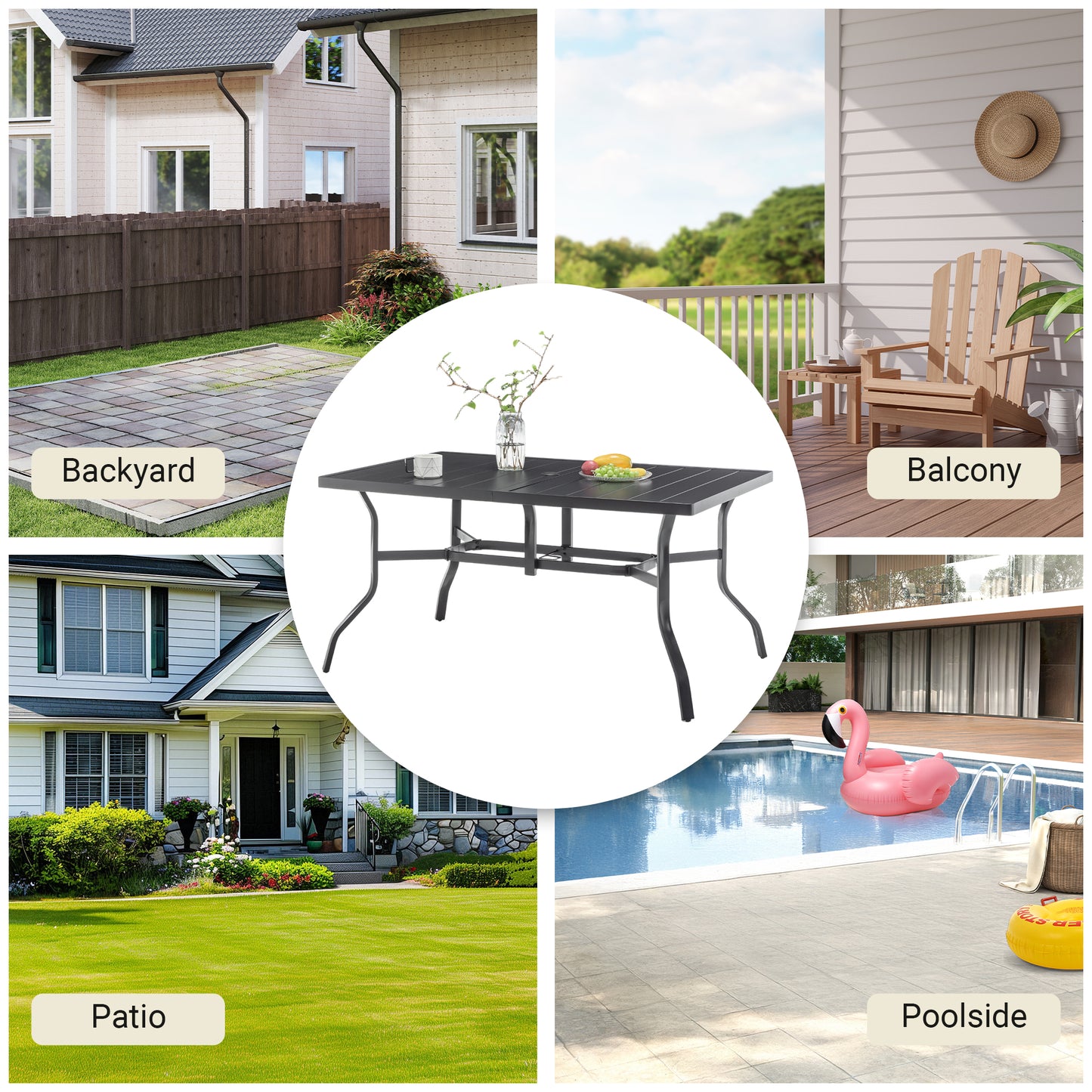 Outdoor Dining Table For 6, Powder-Coated Steel Slat Top With 2.16  Umbrella Hole, Anti-Slip Pads, E-Coating Frame, All-Weather Black Patio Table For Garden, Poolside, Backyard