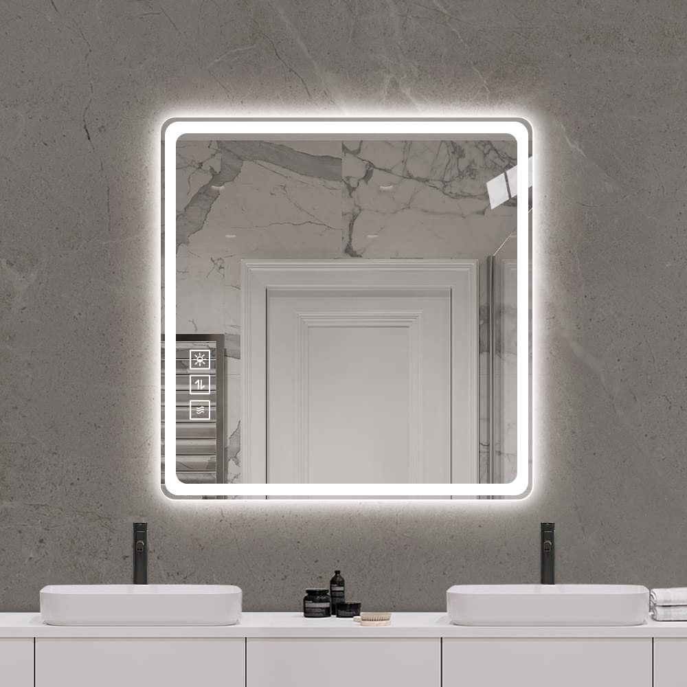 36X36 Inch LED Bathroom Mirror Vanity Mirrors With Front Lights Wall Mounted Anti-Fog Frameless Make Up Mirror With Light 5 Mm Copper-Free Silver Mirror Horizontal Or Vertical