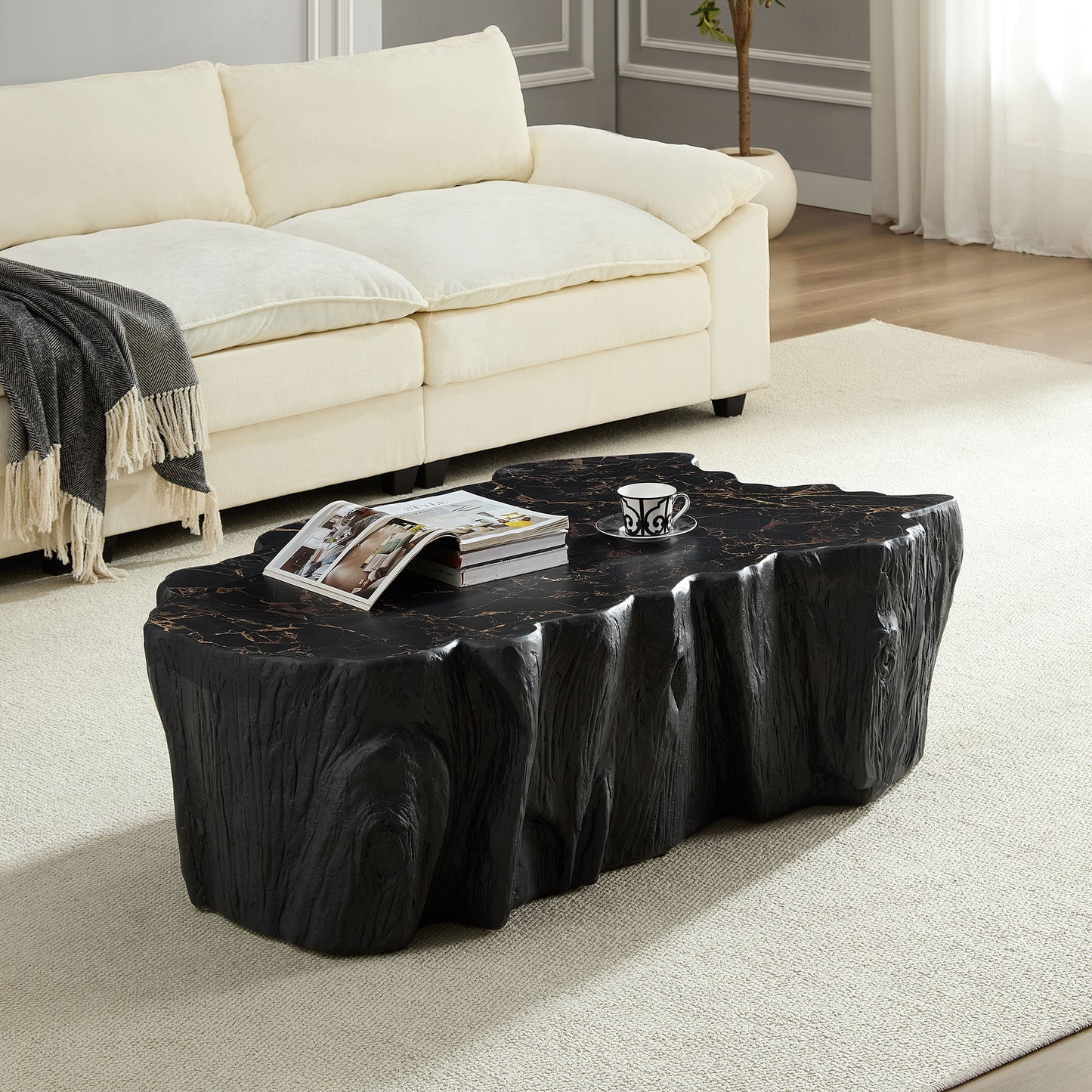 48.62 Inch Unique Shape Coffee Table Sturdy Fiberglass Tea Table For Living Room No Need Assembly  Black