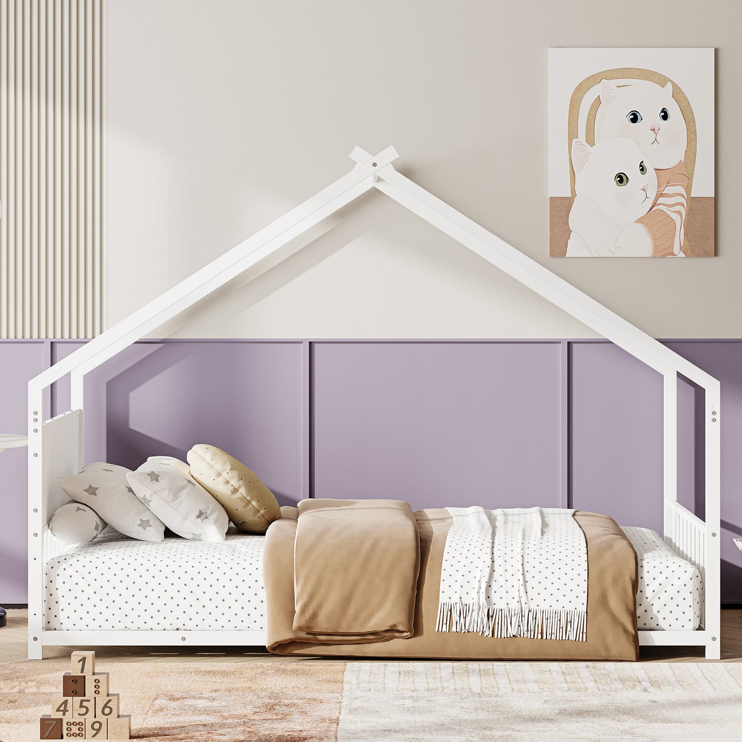 Twin Size House Bed With Roof And Colorful Lights, Metal Bed Frame With Slats And Legs, House Bed For Boy, Girls And Young Teens, No Box Spring Needed White