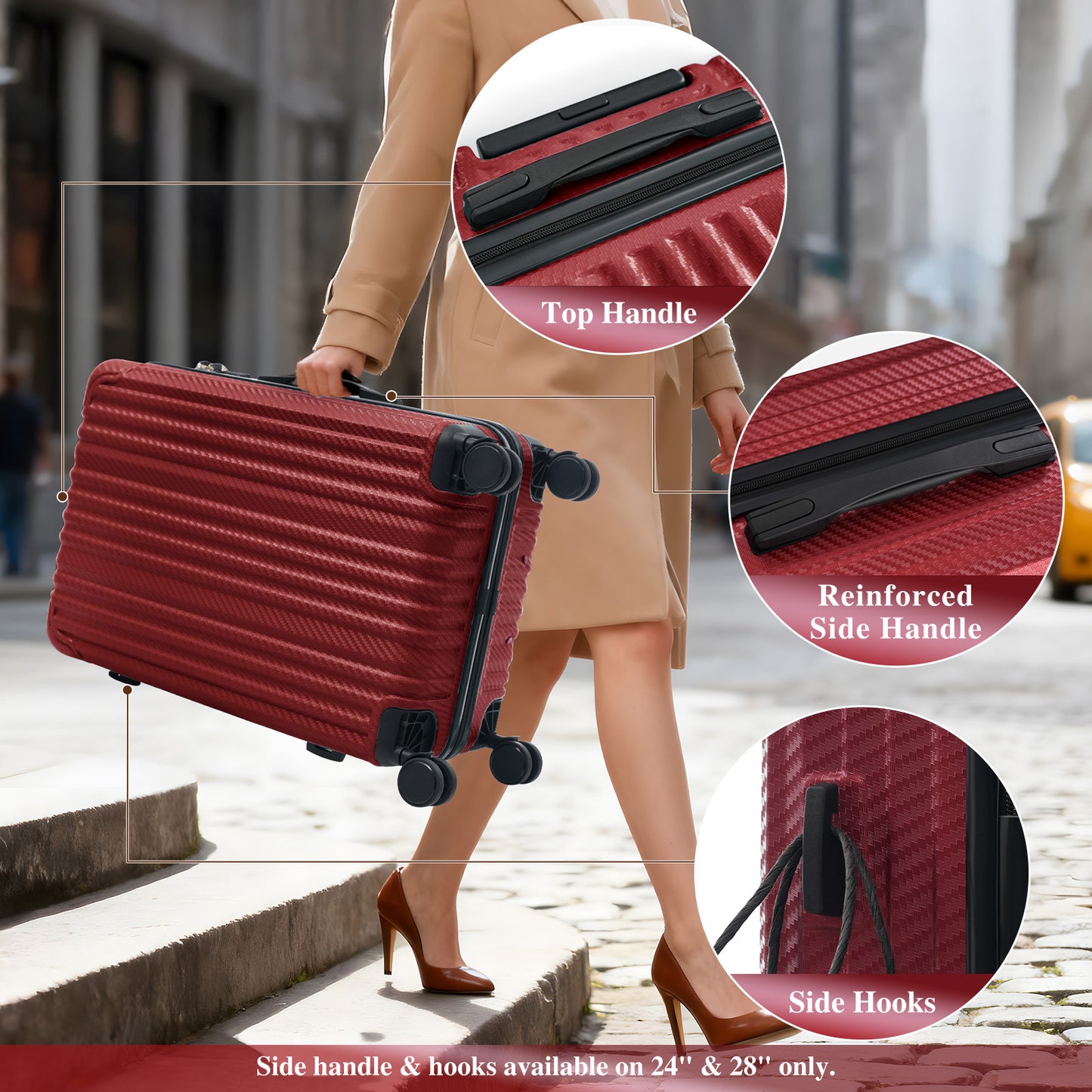 6-Piece Luggage Set, Durable Hardshell ABS Suitcase With Spinner Wheels, TSA Lock, Side Hooks, Lightweight Carry-On & Checked Luggage