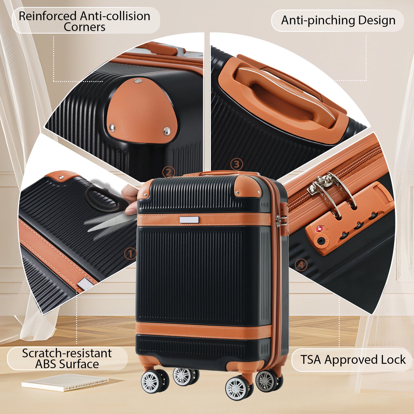 Hardshell Luggage Set 3-Piece, 20 Inch Carry-On Suitcase With Spinner Wheels TSA Lock, Lightweight Durable ABS For Travel Business, Black