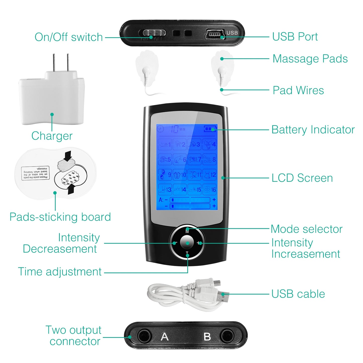 1Pc Rechargeable Tens Unit Machine Impulse Massager 16 Modes Pain Relief Body Massager Machine Muscle Stimulator With 2 Outputs And 6hrs Working For Relief Relaxing Fitness