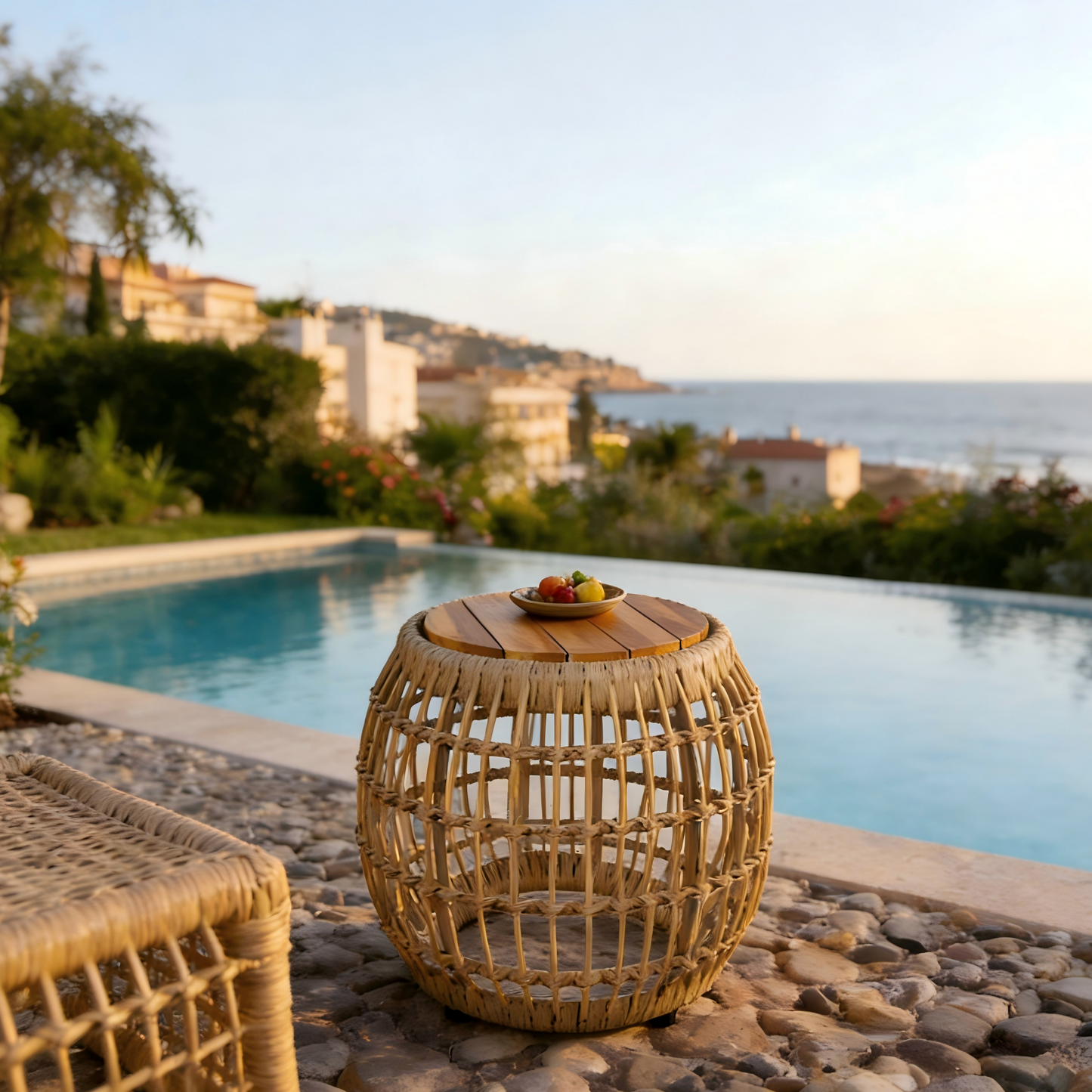 Acacia Wood Outdoor Side Table With Wicker Base - Light Brown, Round 16.15  Outdoor Accent For Patio, Garden, Balcony & Indoor Use