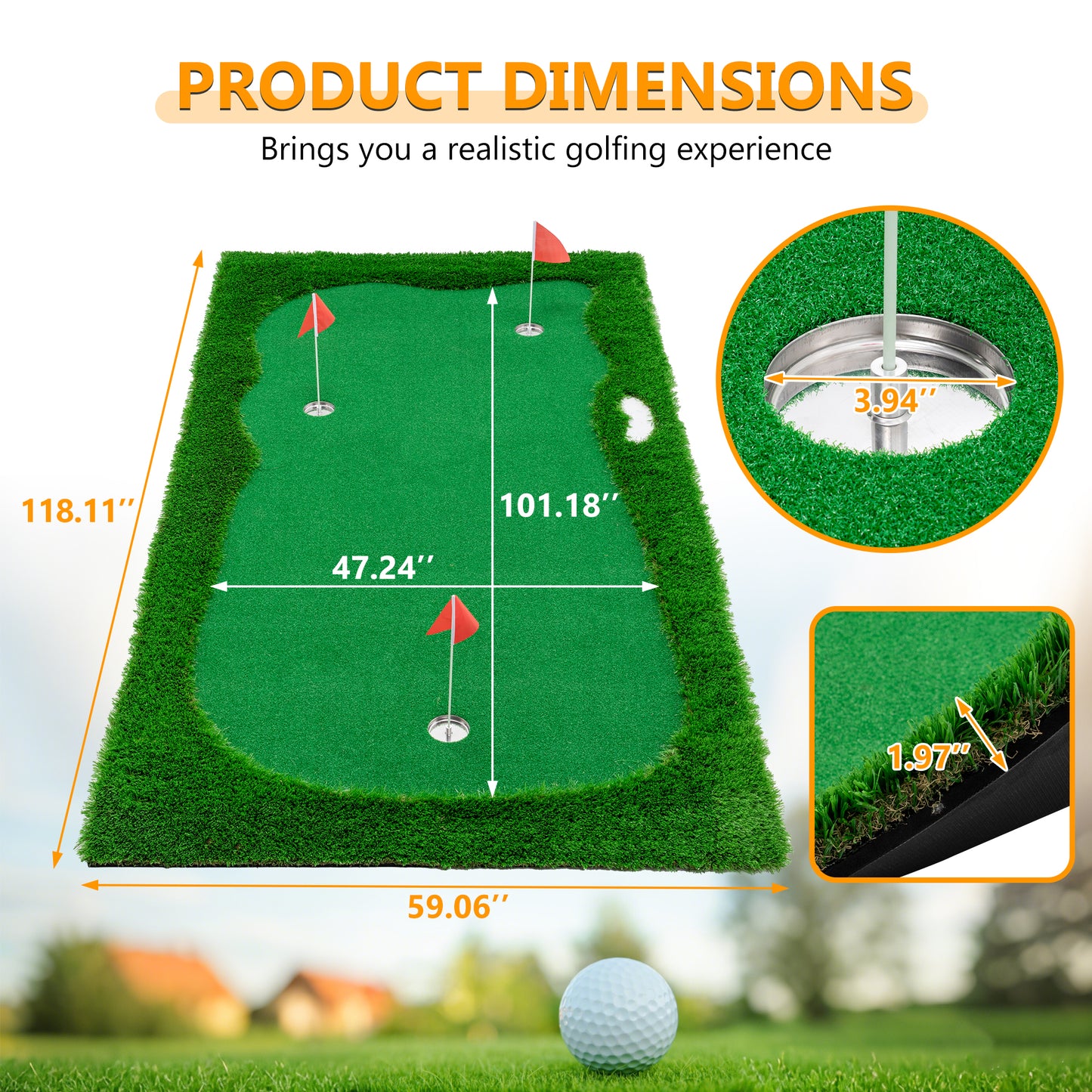 10x5 FT Golf Putting Green, Golf Training Mat With High-quality Turf, 3 Holes, 3 Flags And Cups For Indoor Outdoor