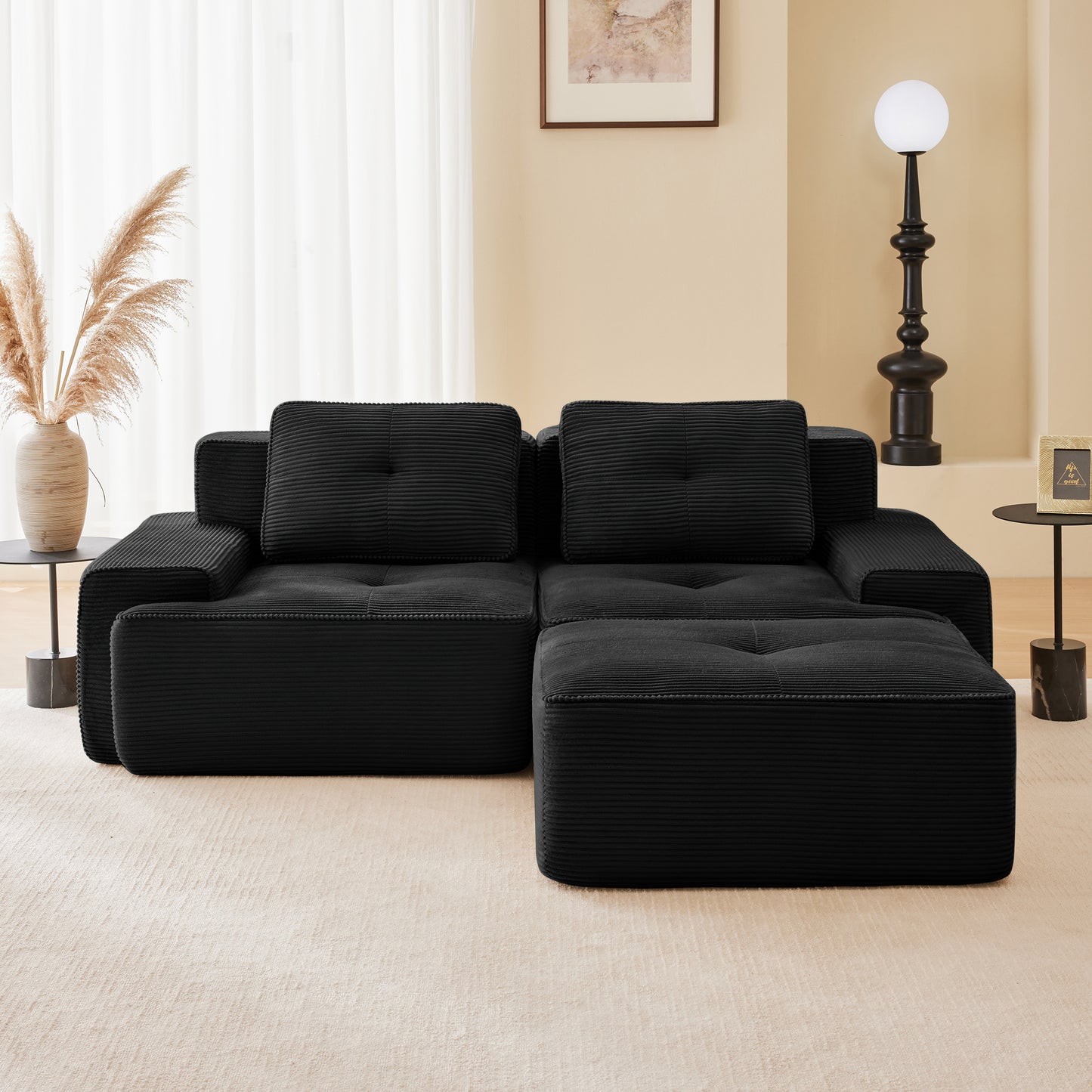 82 Modern L-Shaped Modular Sectional Sofa For Living Room, Corduroy Fabric, 2-Seater Couch With Deep Seat And Movable Ottoman, Pearl-like Piping, Tufted Design, No Assembly, Anti-slip Design, Black