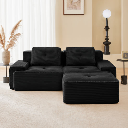 82 Modern L-Shaped Modular Sectional Sofa For Living Room, Corduroy Fabric, 2-Seater Couch With Deep Seat And Movable Ottoman, Pearl-like Piping, Tufted Design, No Assembly, Anti-slip Design, Black