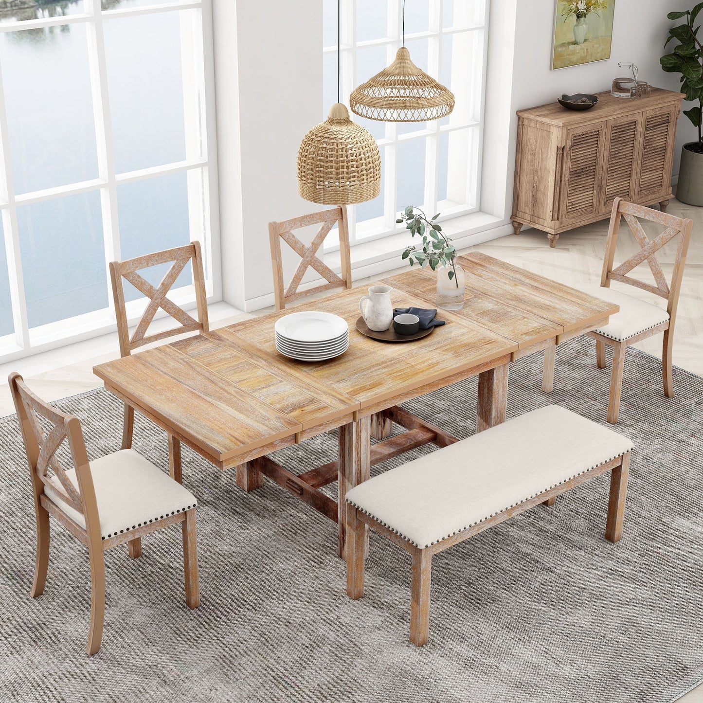 TOPMAx Farmhouse 82inch 6- Piece Extendable Dining Table With Footrest  4 Upholstered Dining Chairs And Dining Bench  Two 11 Removable Leaf  Natural Beige Cushion