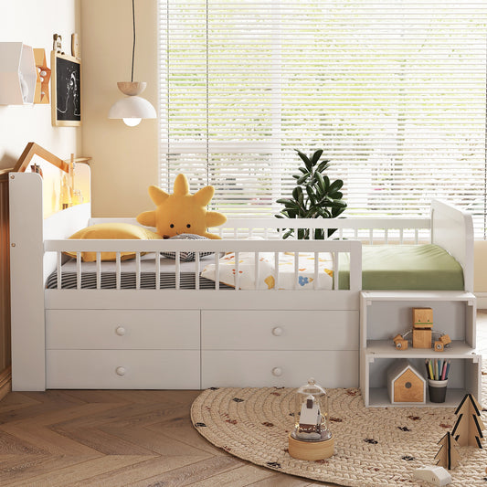 Low Loft Bed With LED Lights, Wooden Twin Loft Bed With House Shape Headboard, Kids Loft Bed With Storage Drawers, White Expect Arrival Date 2025 1 20