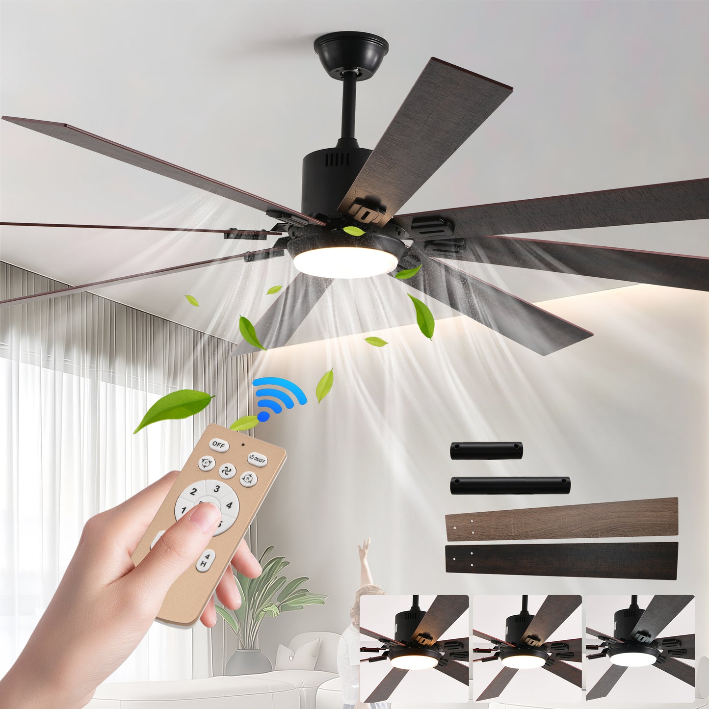 72  Walnut LED Ceiling Fan Light With 8 Wooden Blades, Remote Control, Adjustable Color Temperature For Living Room, Bedroom, Or Dining Room Silent 6-Speed Reversible DC Motor