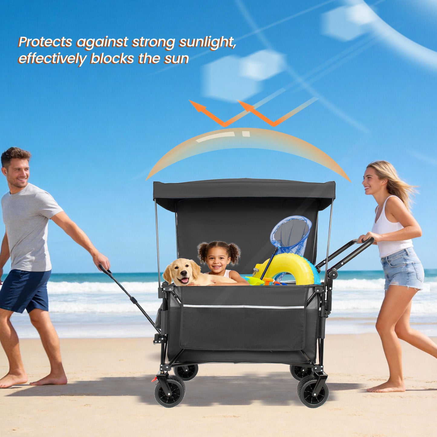 Multi- Functional Push- Pull Folding Wagon Cart With Rotating Handle & Canopy  7 X4 All- Terrain Wheels & Brakes  Load Capacity 480lbs  300L Large Capacity For Transport  Groceries  Outdoor Use  Black