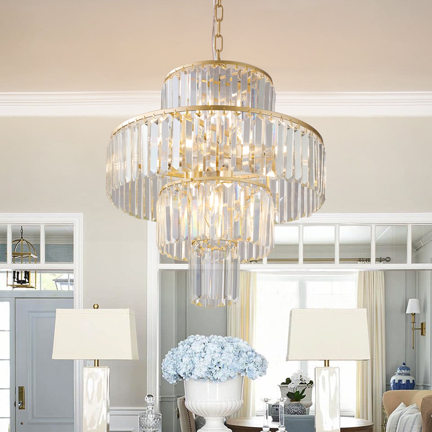 20  Modern Crystal Chandelier With Gold Finish, 4-Tier Design For Dining Room Or Living Room, Elegant Crystal Pendant Light Fixture Bulb Not Included