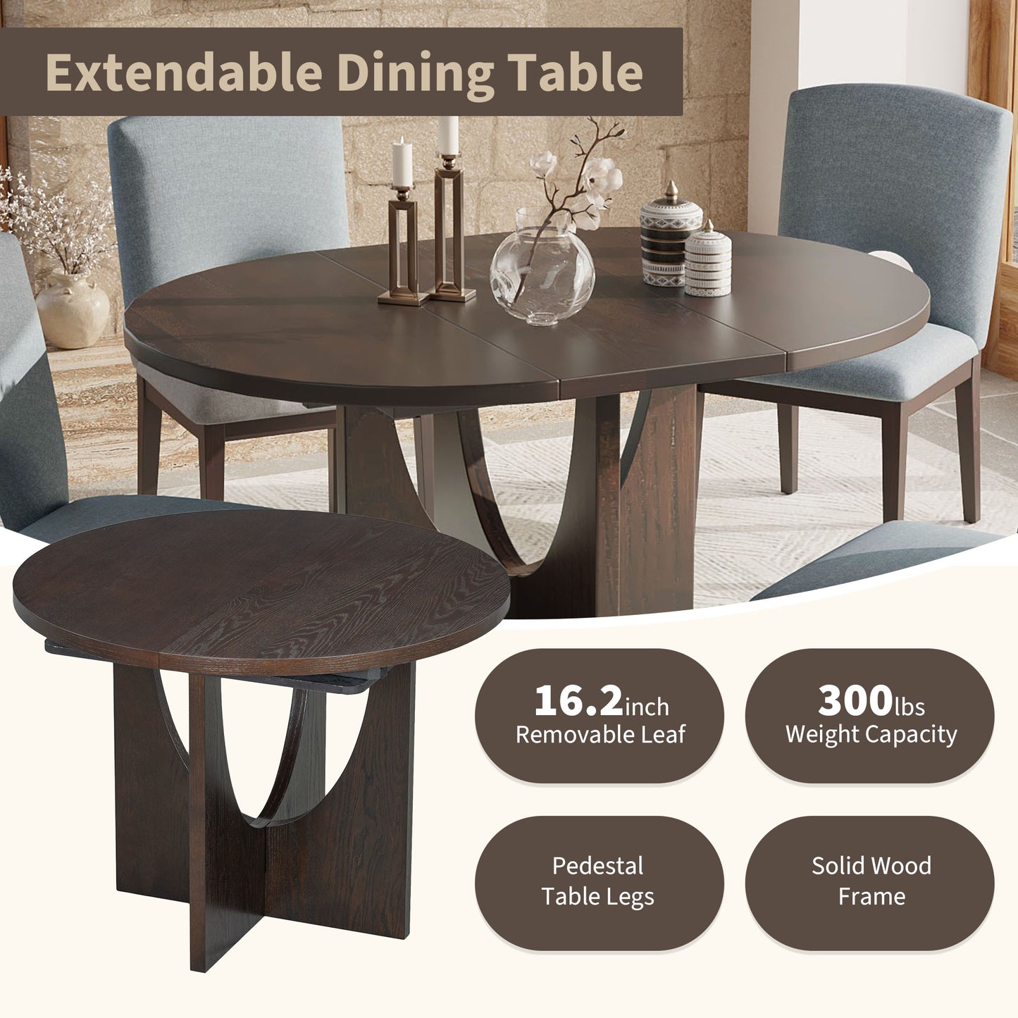 TOPMAX Modern 5-Piece Extendable Round Dining Table Set With 16.2inch Removable Leaf For Small Places, Espresso Old