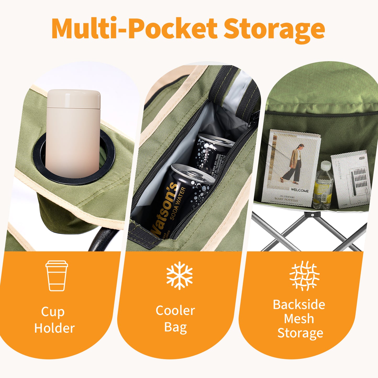 Oversized Camping Folding Chair, Heavy Duty Padded Chair With Cup Holder Storage And Cooler Bag, 5000 LBS Steel Frame, Portable For Outdoor