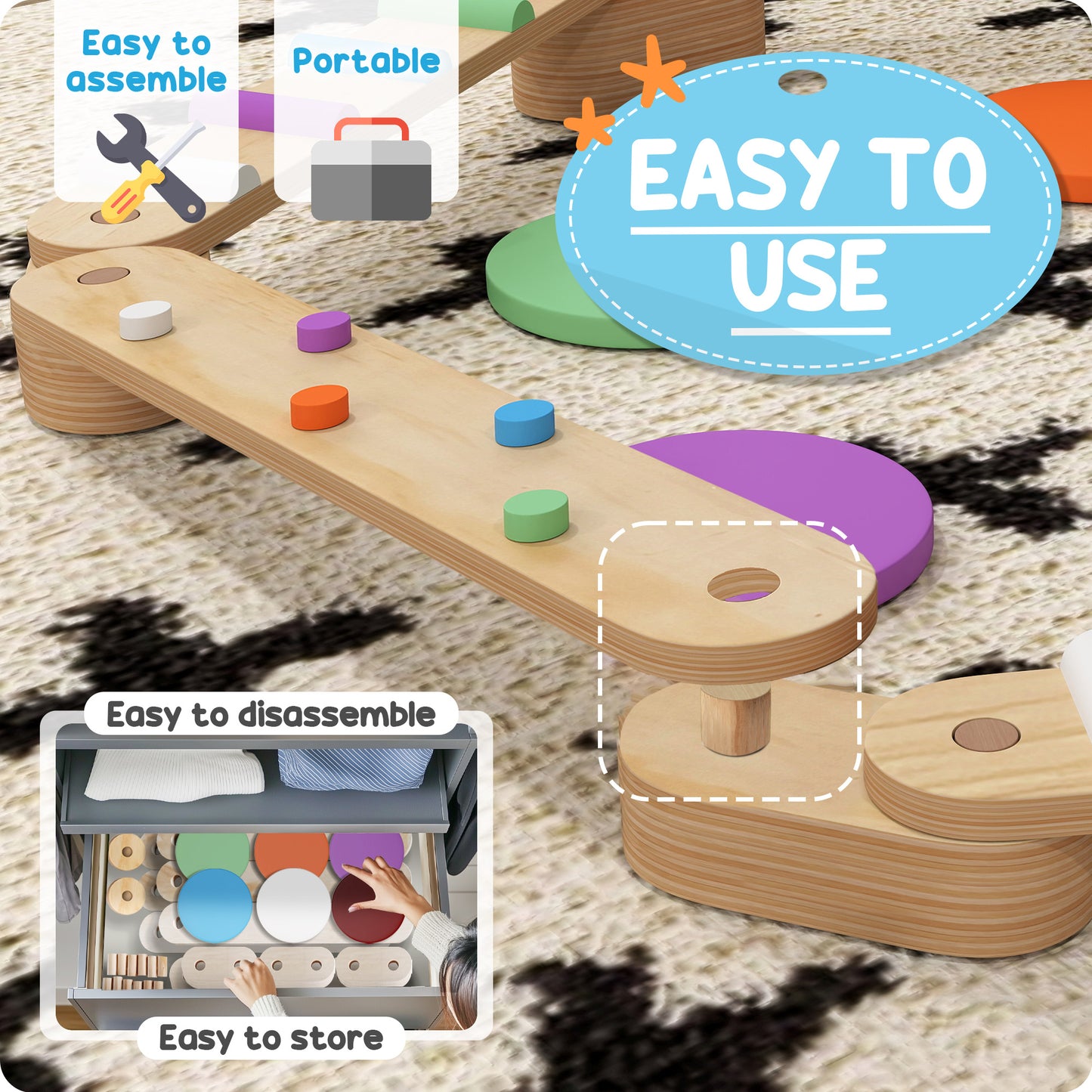Kids Balance Beam, Wooden Balance Board With Stepping Stone For 3-8 Years