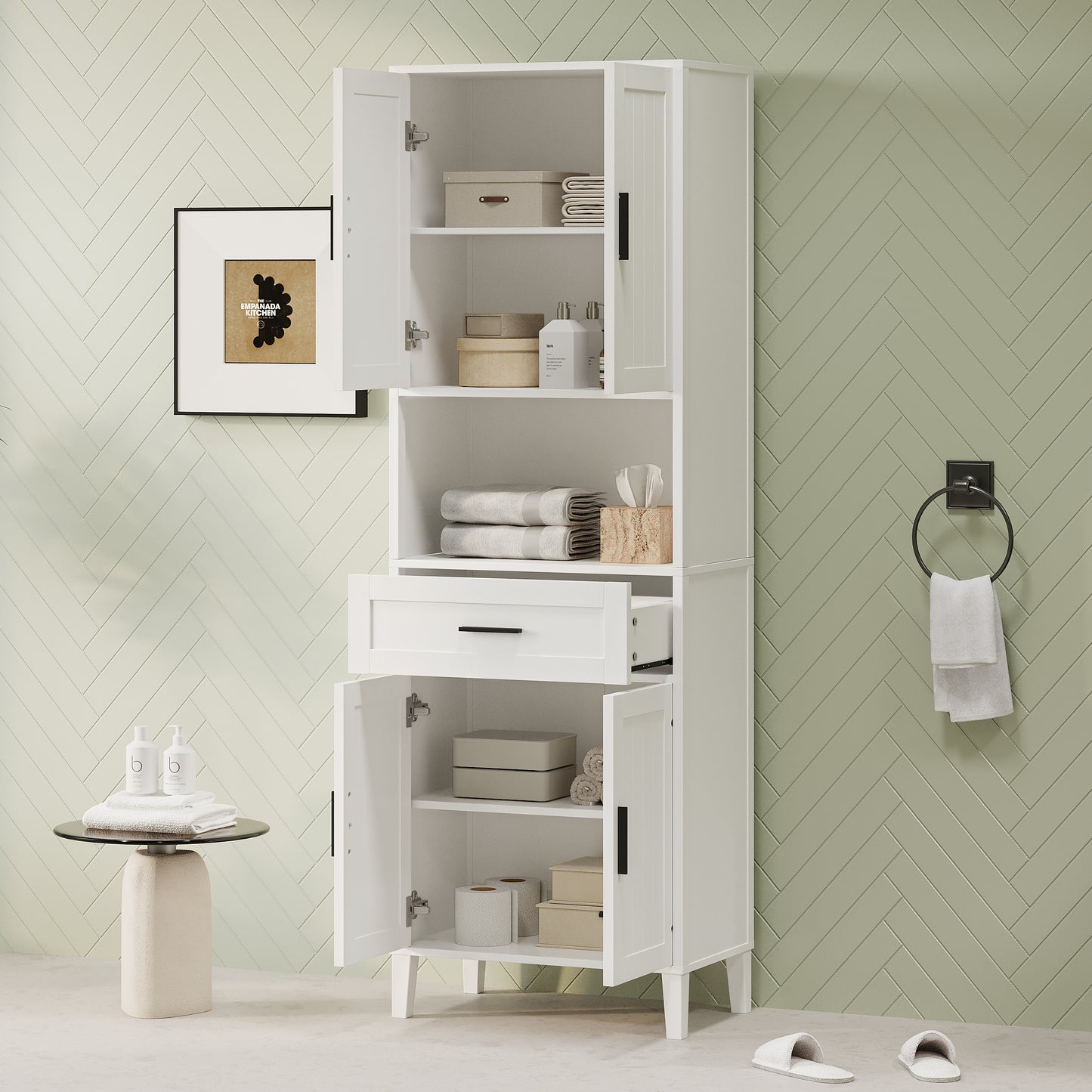 70.9  High Freestanding Tall Bathroom Cabinet With A Drawer, 2 Cabinets, 4 Soft-Close Doors, 2 Adjustable Shelves, Open Storage, For Bathroom, Living Room, Laundry Room