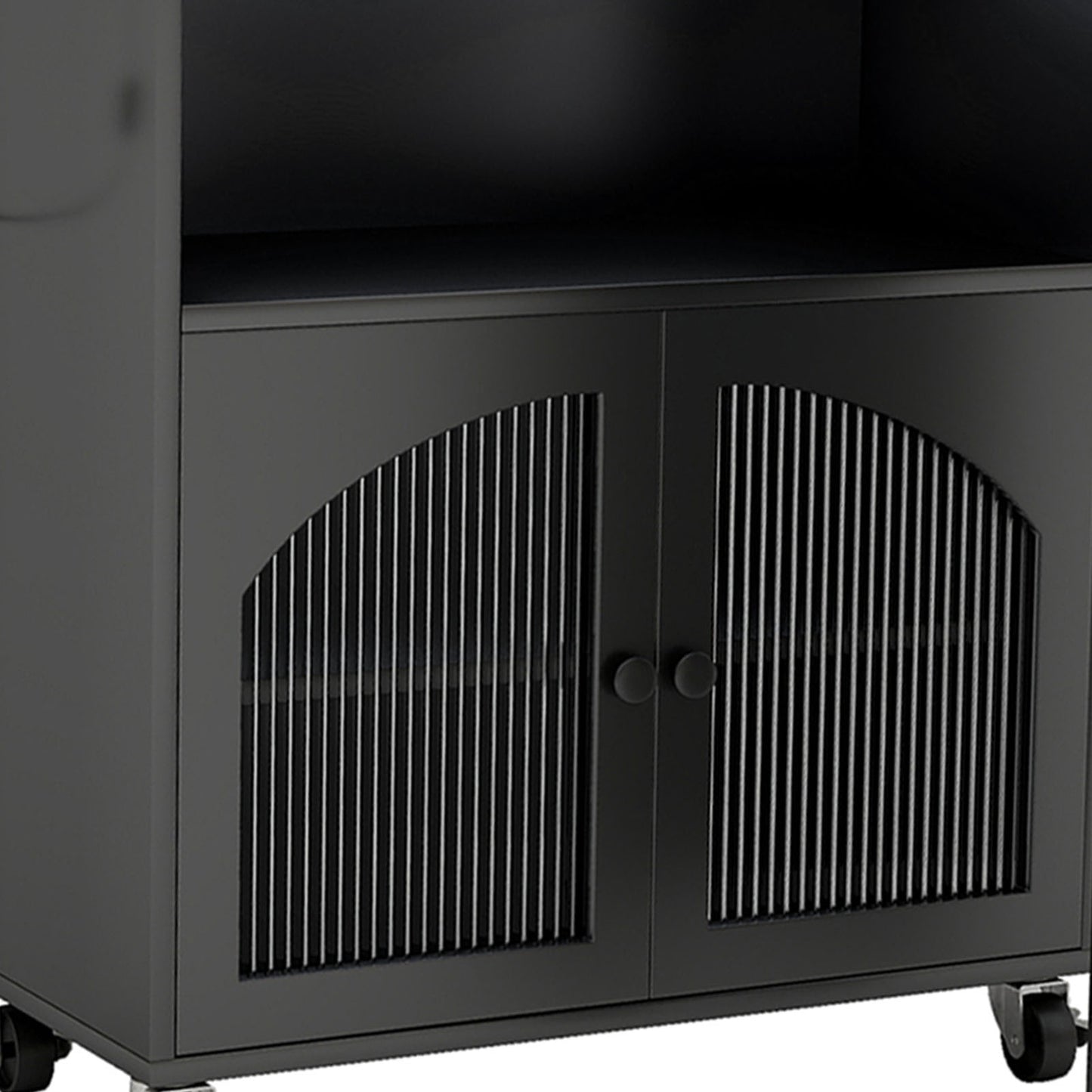 Kitchen Island On Wheels With Extended Table MDF Rolling Kitchen Storage Cart With LED Light Power Outlets 2 Fluted Glass Doors Side 3 Open Shelves Black US Plug