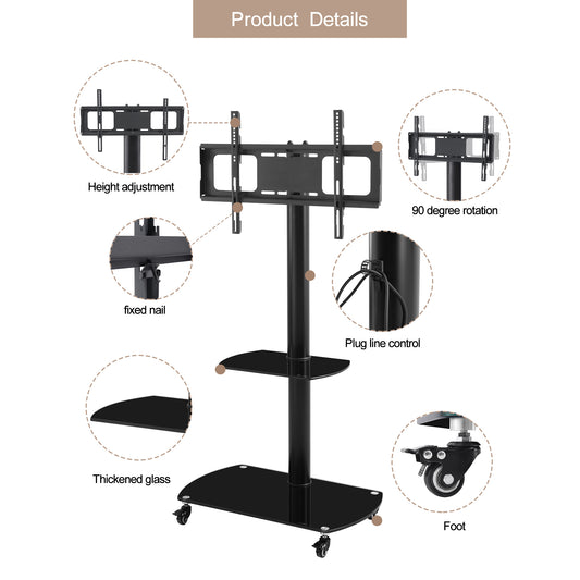 Height And Angle Adjustable Multi-Function Tempered Glass Metal Frame Floor With Lockable Wheels Mobile TV Stand, LCD Plasma TV Bracket  2 Tier Tempered Glass Shelves For Multiple Media Devices