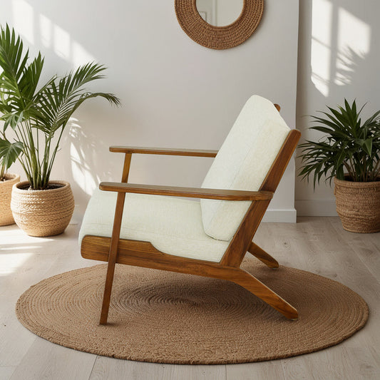 Connor Solid Wood Linen Lounge Chair - Cream