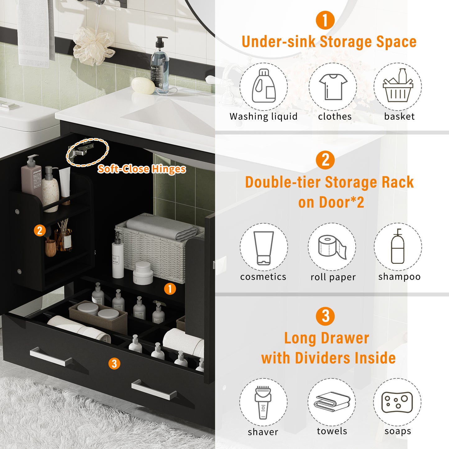 36  Black Bathroom Vanity With Ceramic Sink, Soft-Close Doors, Double Storage Shelves & Divided Drawer  Modern Bathroom Cabinet With Ample Storage
