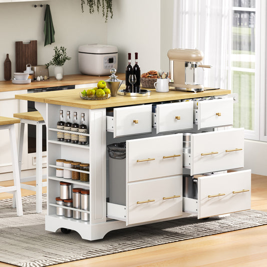 K&K Kitchen Island With 6 Drawers, Pull Out Trash Can Storage, Rolling Kitchen Island On 5 Wheels With Drop Leaf, Power Outlet, 5 Open Side Racks For Kitchen, Dining Room, White