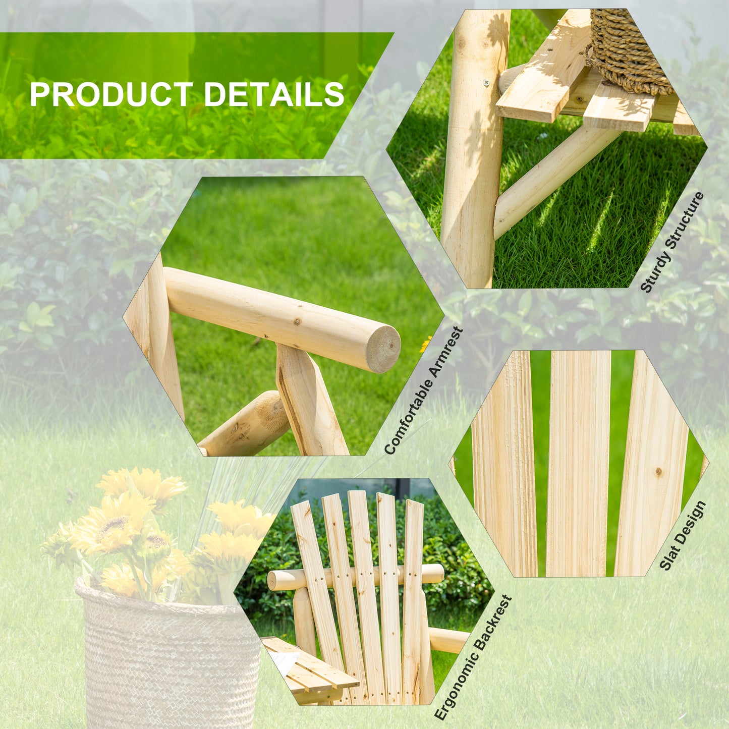2-Seat Wooden Adirondack Chair, Patio Bench With Table, Outdoor Loveseat Fire Pit Chair For Porch, Backyard, Deck, Natural