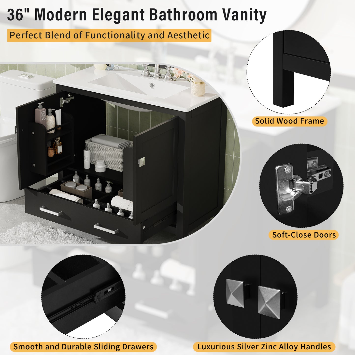 36  Black Bathroom Vanity With Ceramic Sink, Soft-Close Doors, Double Storage Shelves & Divided Drawer  Modern Bathroom Cabinet With Ample Storage