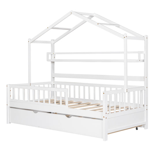 Wooden Twin Size House Bed With Trundle,Kids Bed With Shelf, White Old SKU WF301682AAK