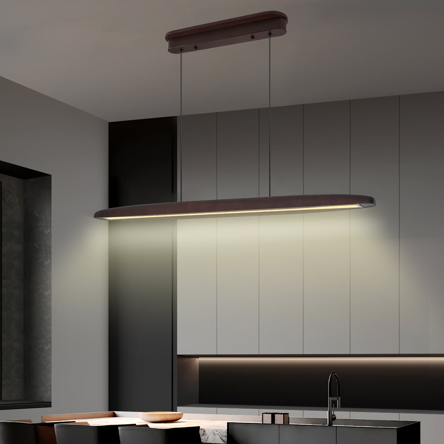 51-inch Streamline Wooden LED Pendant Light With Remote Control, Adjustable Hanging Light For Dining Room, Kitchen, Living Room  Contemporary Walnut Wood Finish
